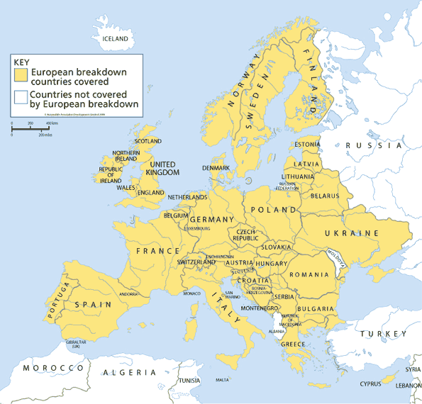 AA European Breakdown Cover: map of countries covered