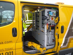 the centre section of the van is packed with tools and spare parts