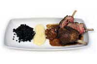 Fennel-dusted lamb with a warm Puttanesca salsa, white onion puree and Beluga lentils