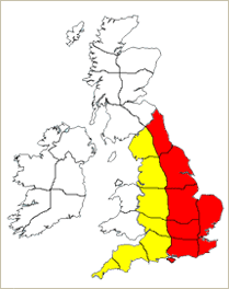 Wintry showers across parts of the east and south of England