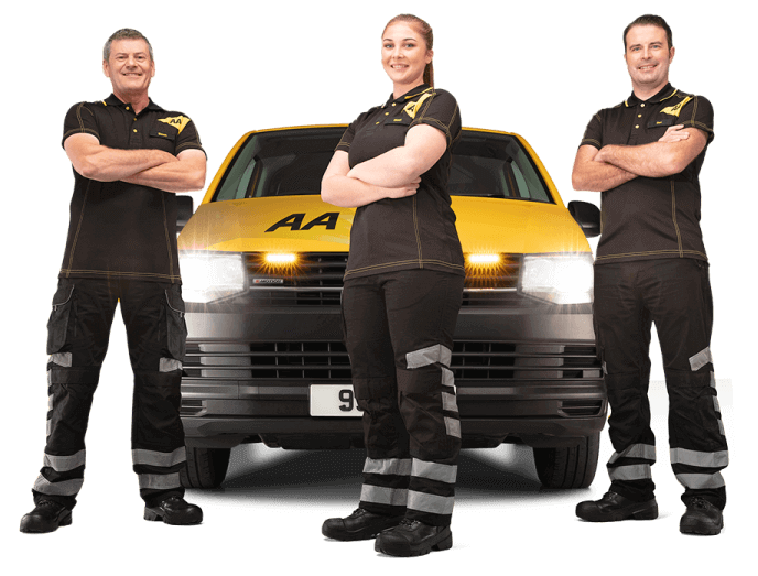 Three AA Patrols stood in front of a yellow AA van