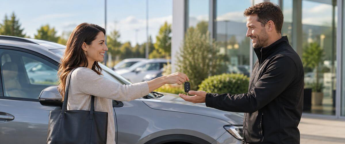 Woman giving the car keys back to the dealer
