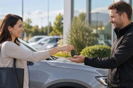 Woman giving car keys back to the dealer