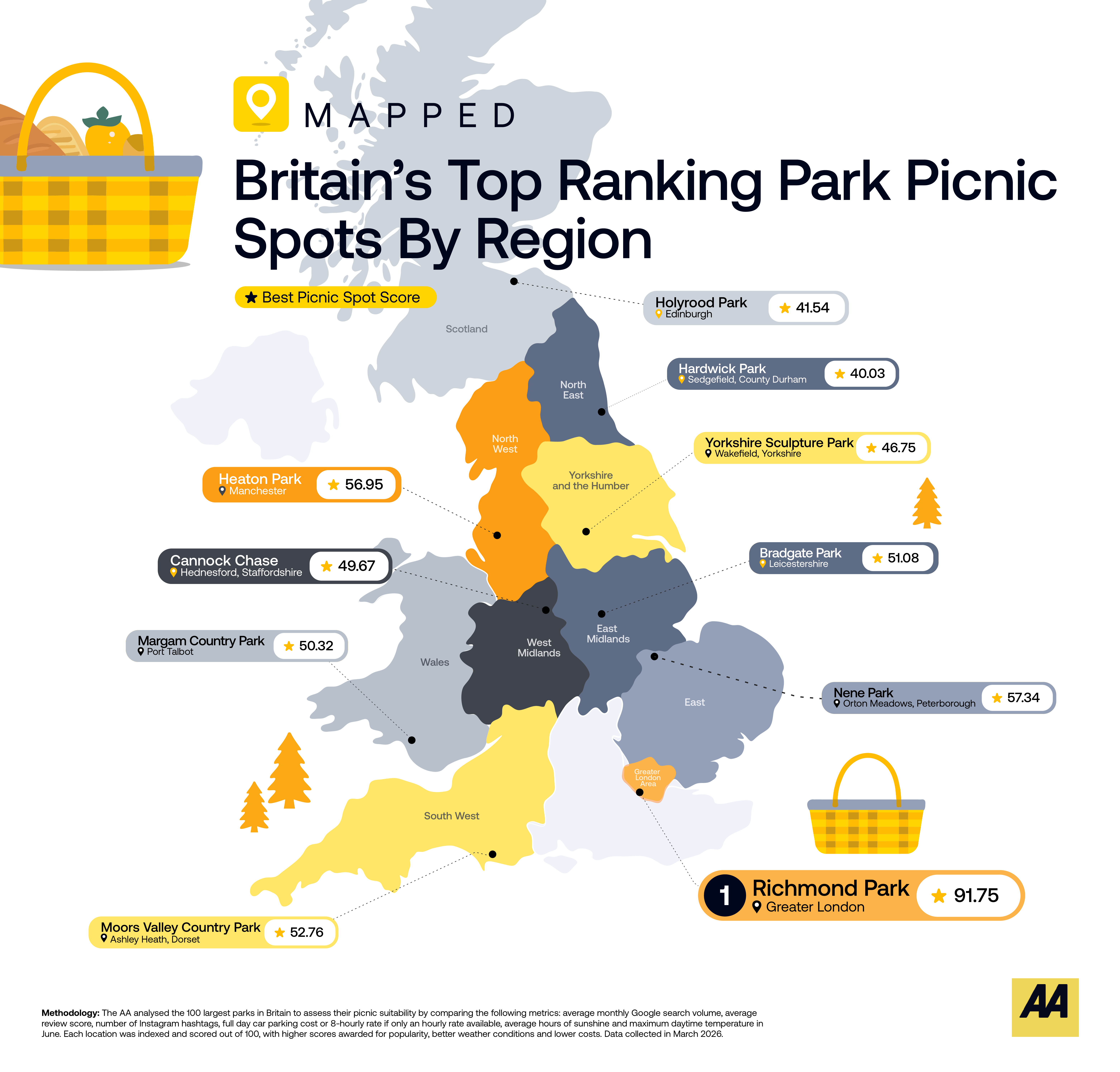 Map of the UK highlighting the best picnic spots by region