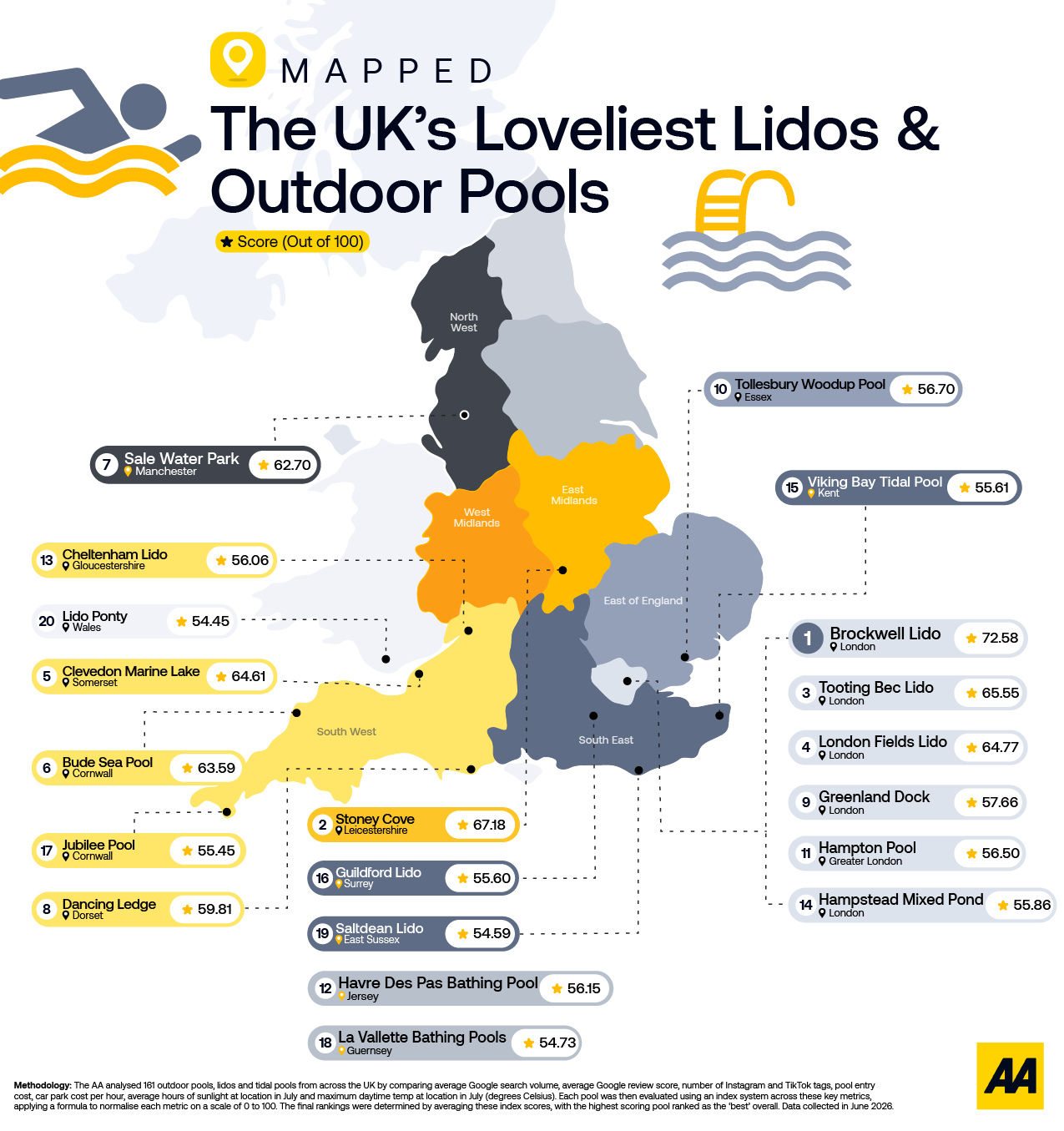 Map showing the top lidos and outdoor pools in the UK by region