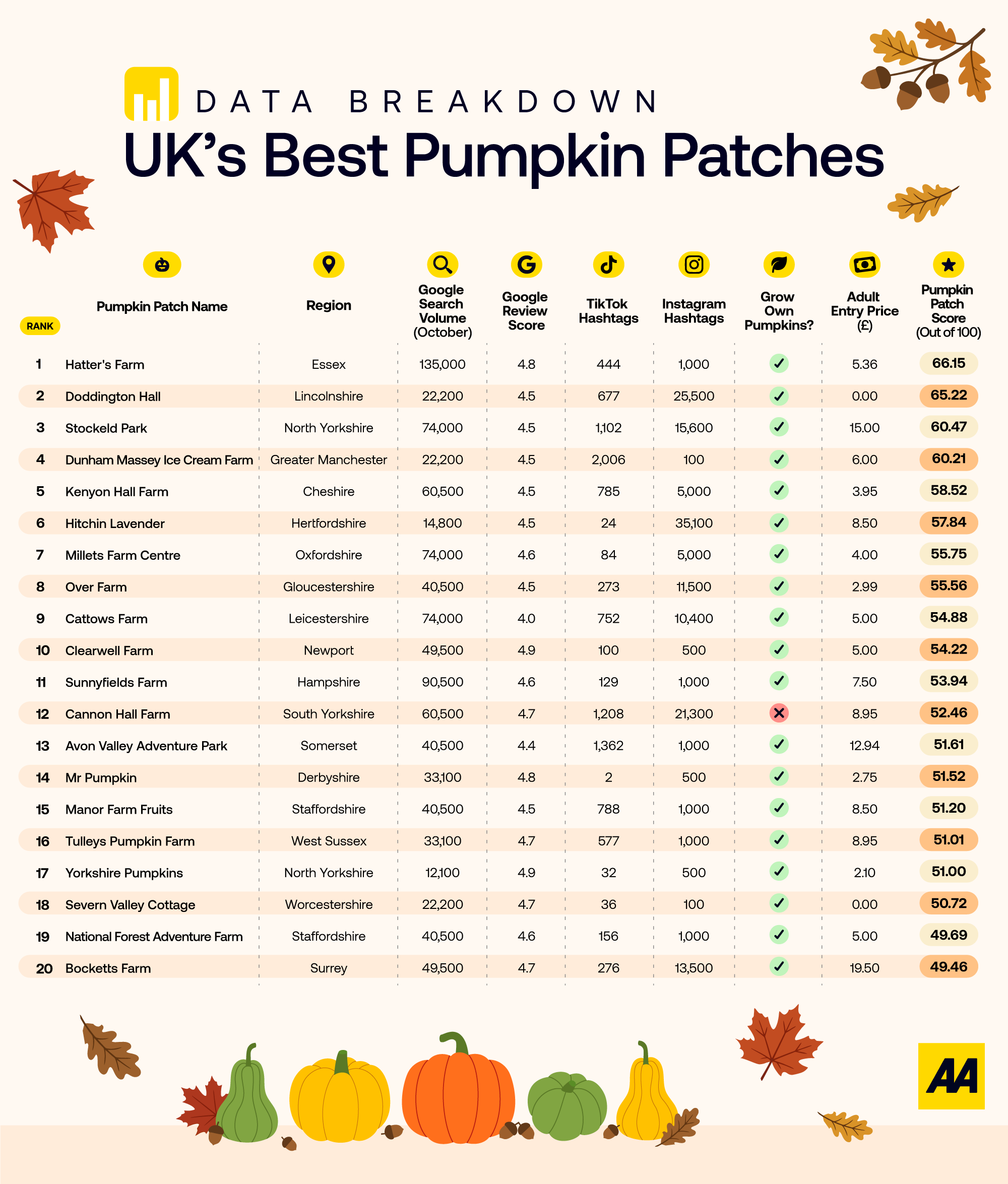Leaderboard showing top 20 pumpkin patches in UK