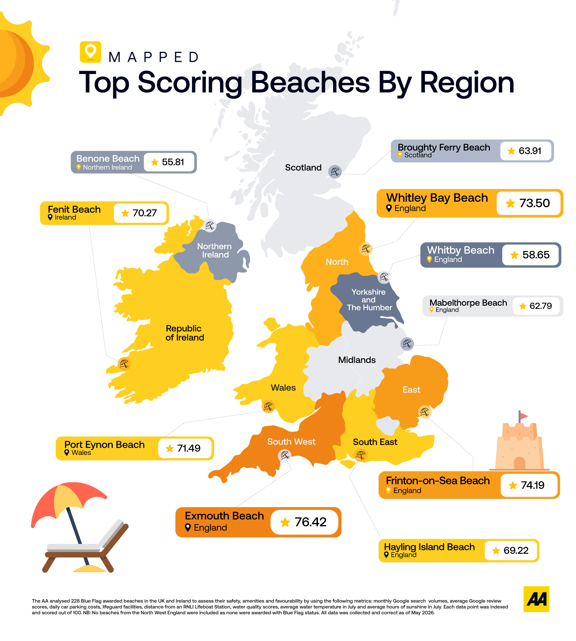 Map showing best UK and Ireland beaches by region