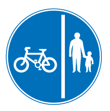 Segregated cycle and pedestrian route round blue sign