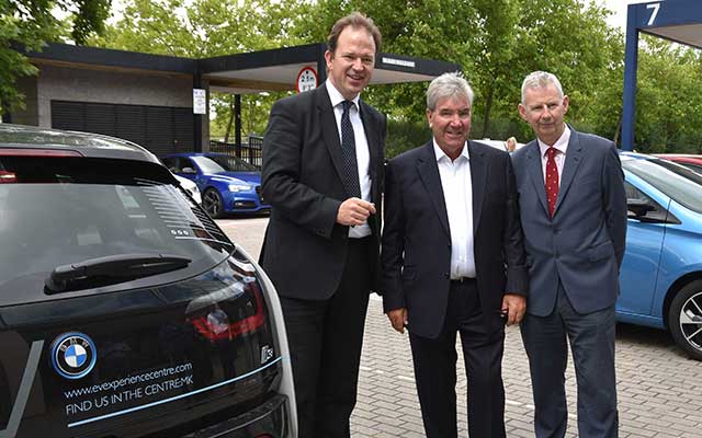 (l-r) Roads Minister Jessie Norman MP, David Martell, Chargemaster CEO, and AA president Edmund King at the launch of Drive Electric