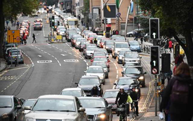 A long traffic jam on a busy street