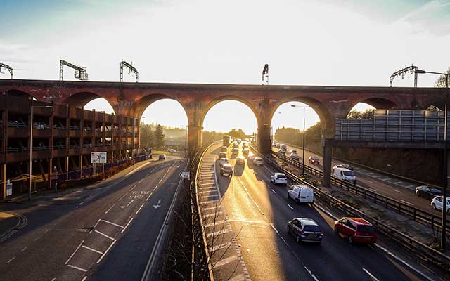 Car on motorway under Stockport viaduct