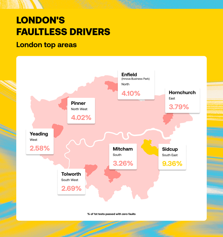 Map of London highlighting the top areas for faultless learner drivers