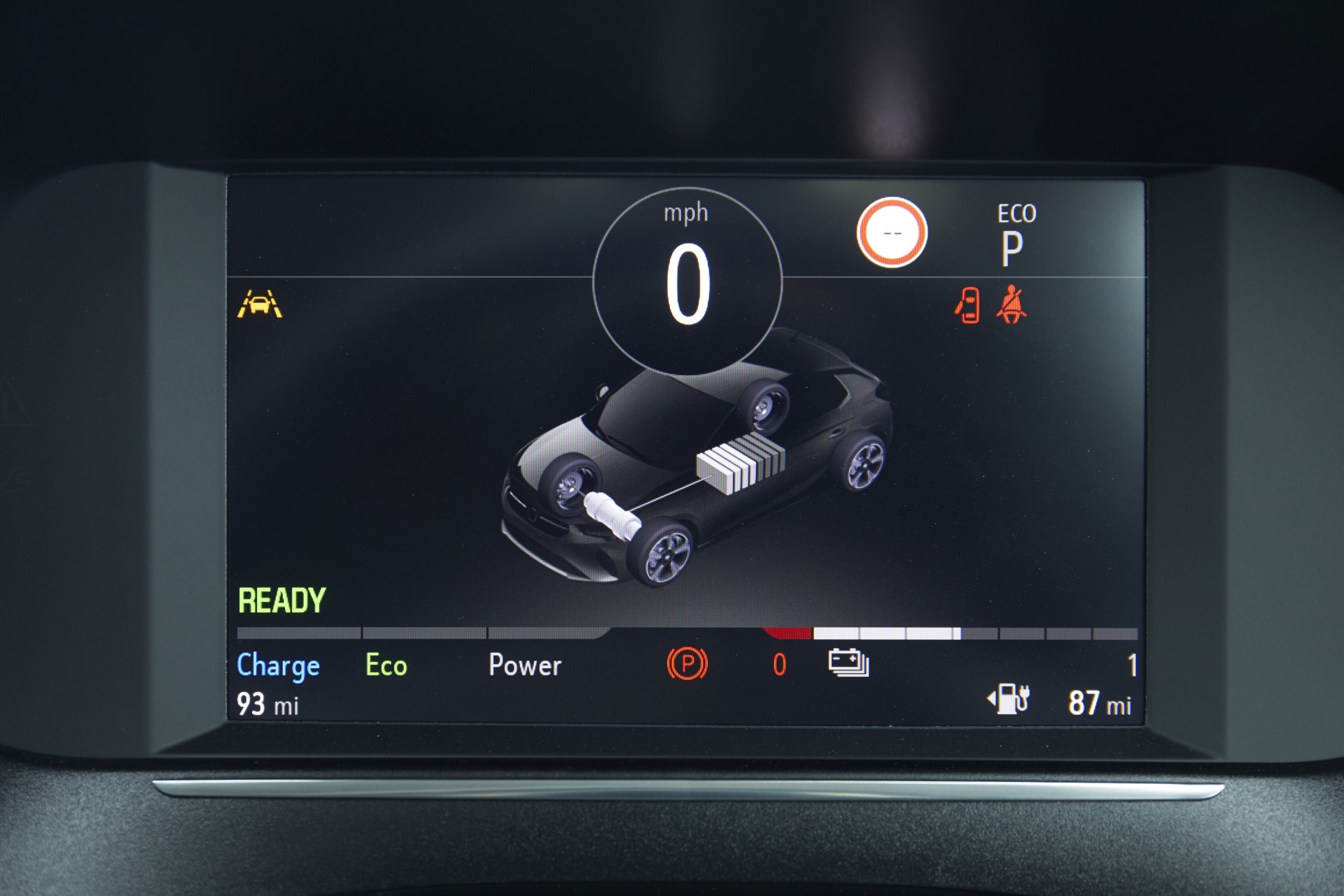 The screen of the Vauzhall Corsa E displaying the statistics for power output and battery usage