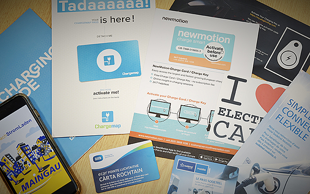 Leaflets cards and rfid tags from a selection of European EV charging network operators